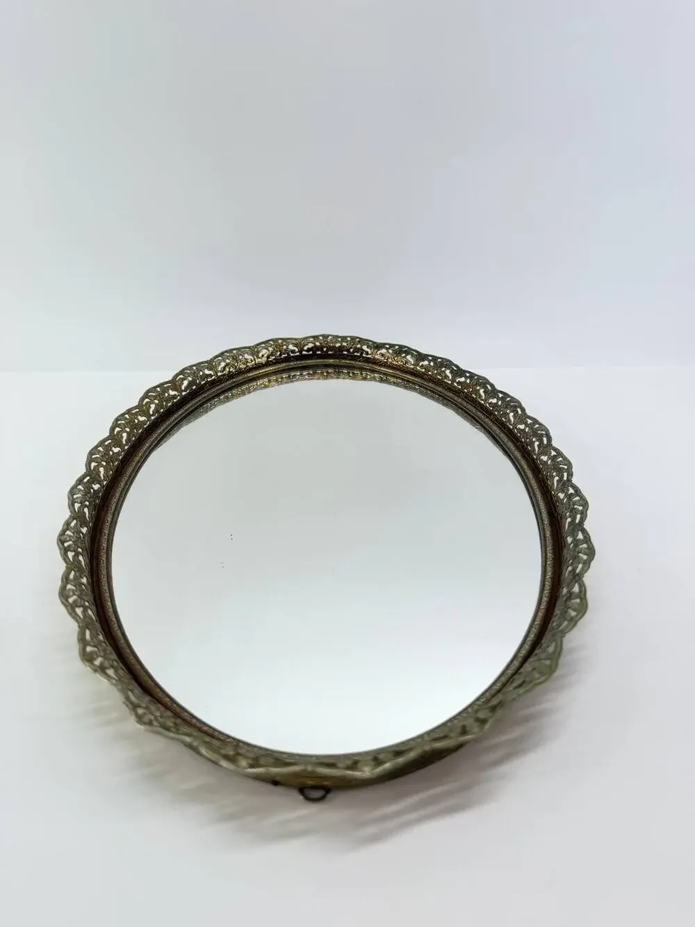 Vintage Round Wall Mirror Ornate Gold Tone Filigree Metal Floral Frame
